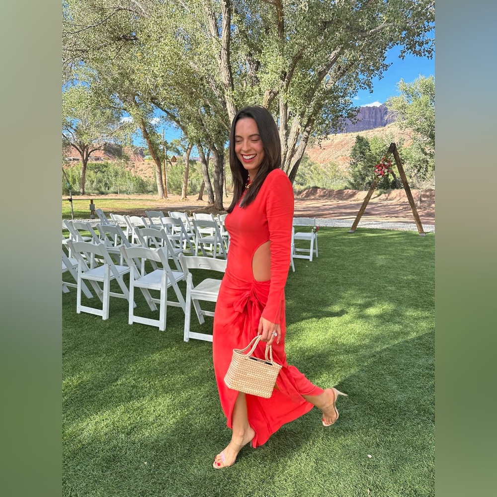 Silvia Tcherassi Temis Maxi Dress Gown Orange Ruching Cutout Long Sleeves Sz S